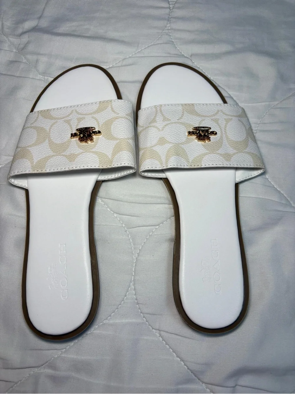 Coach White & Cream Signature Slide Sandals with Gold Logo